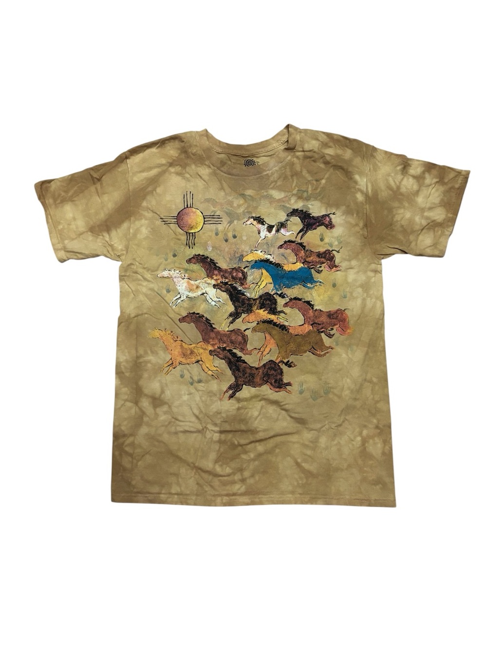 The Mountain Tan Tie-Dye Tee with Multicolor Running Horses